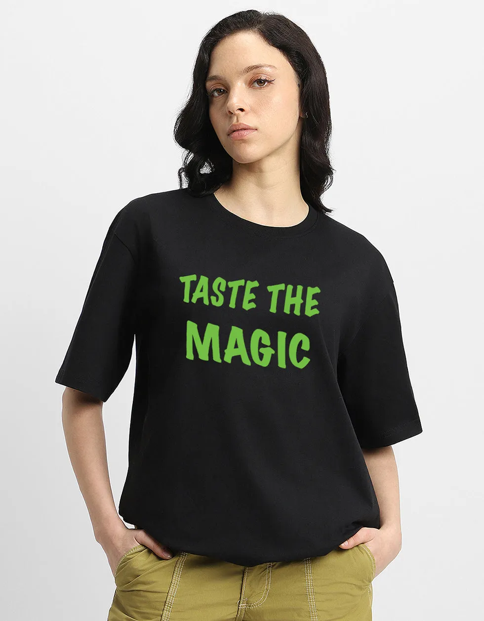 TASTE OF MAGIC Women Black Oversized Tshirt