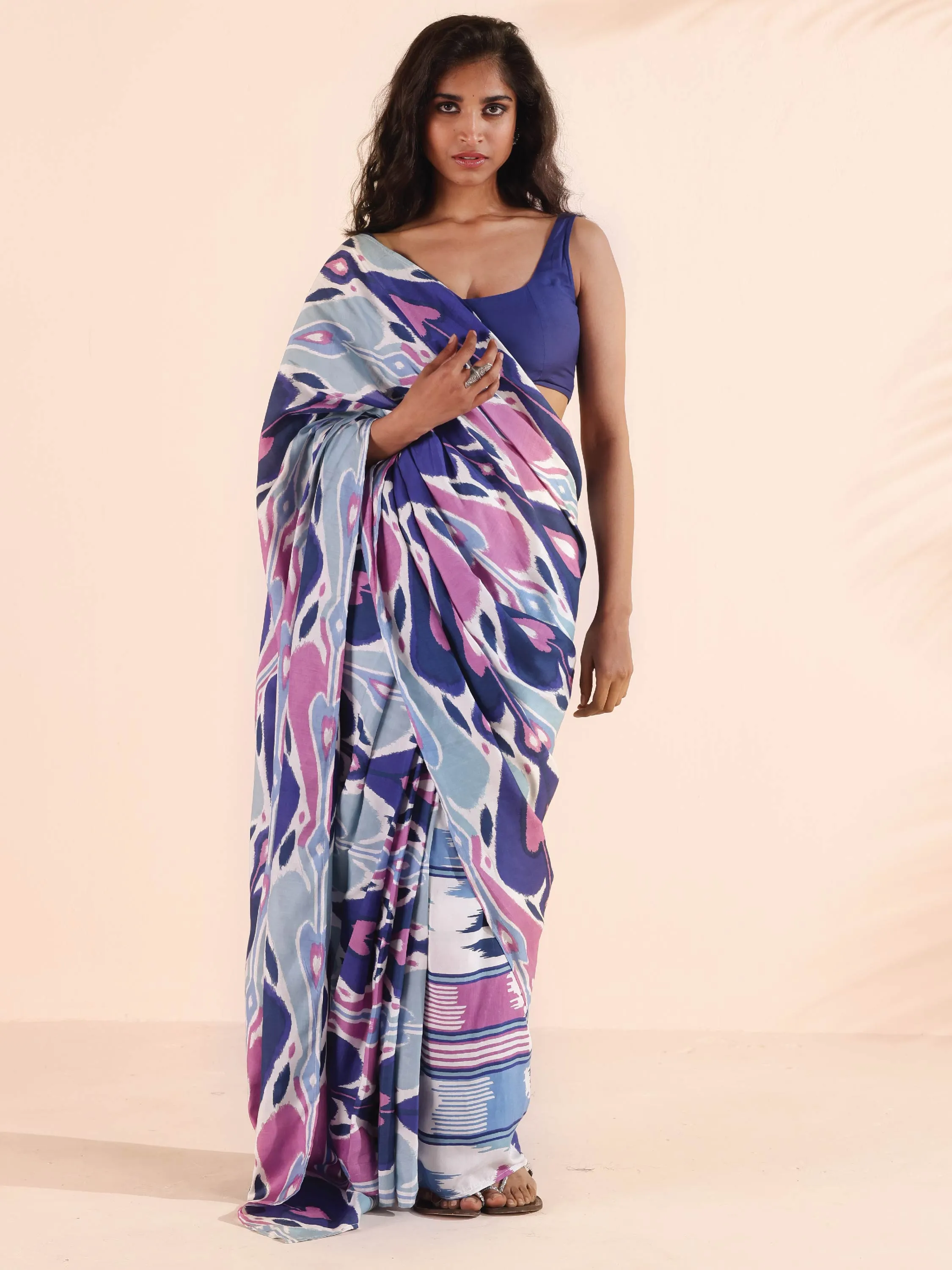 trueBrowns Blue Purple Muslin Ikat Ready to Wear Saree