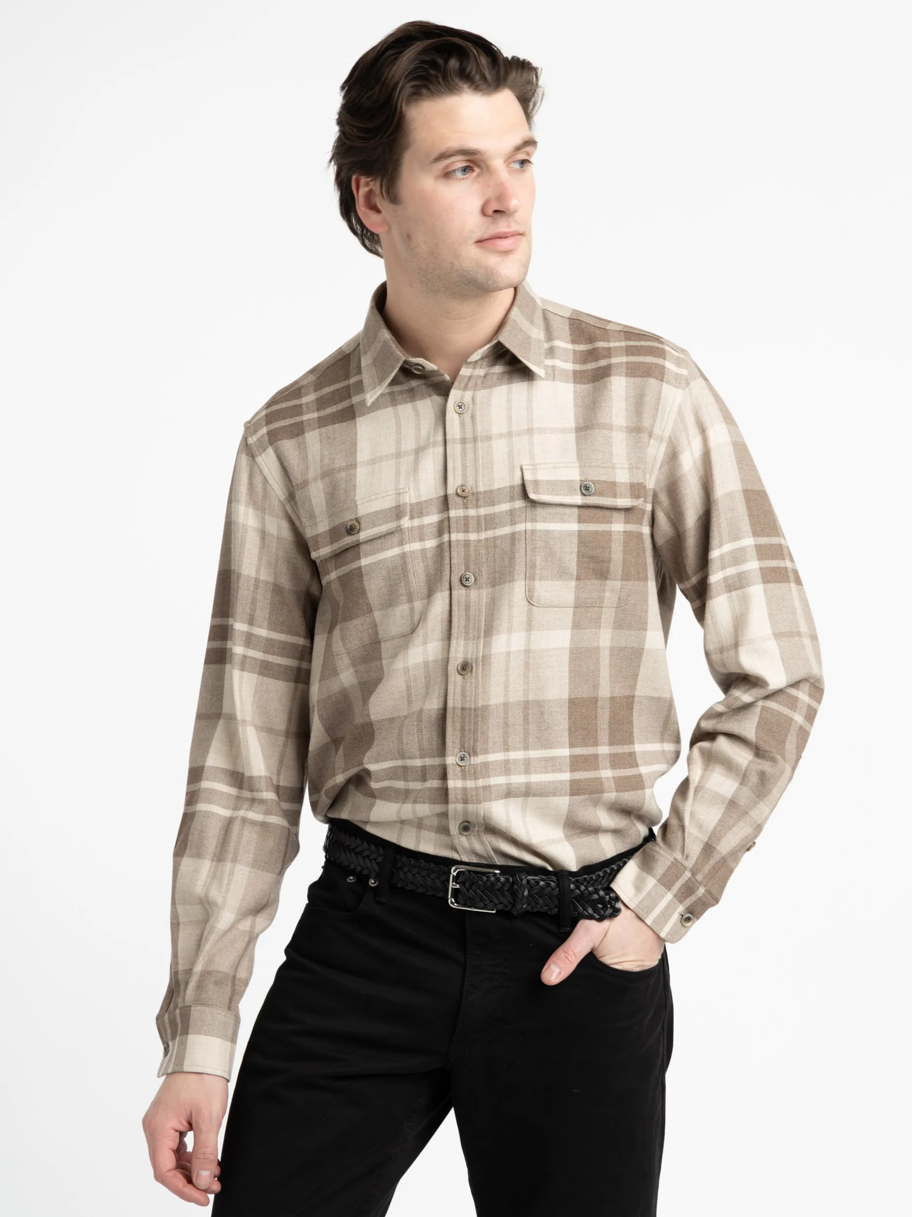 Truffle/Taupe Plaid Wool-Silk-Cashmere Shirt