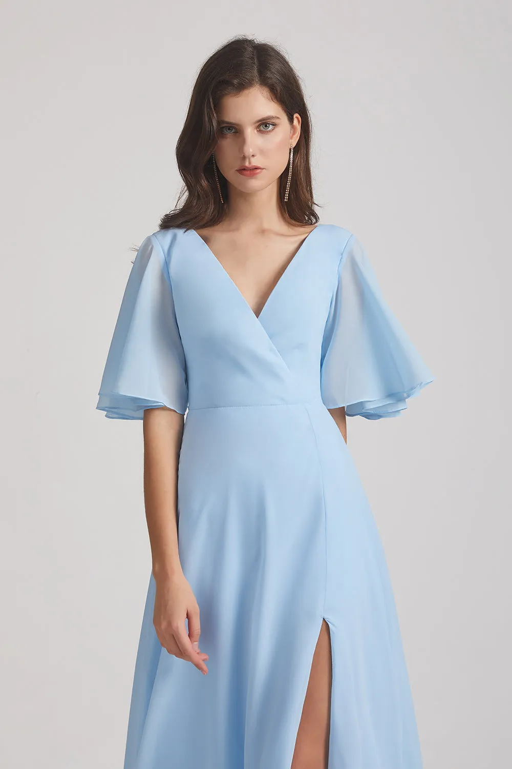 V-Neck Chiffon Side Slit Flutter Half Sleeve Blue Bridesmaid Dresses (AF0055)