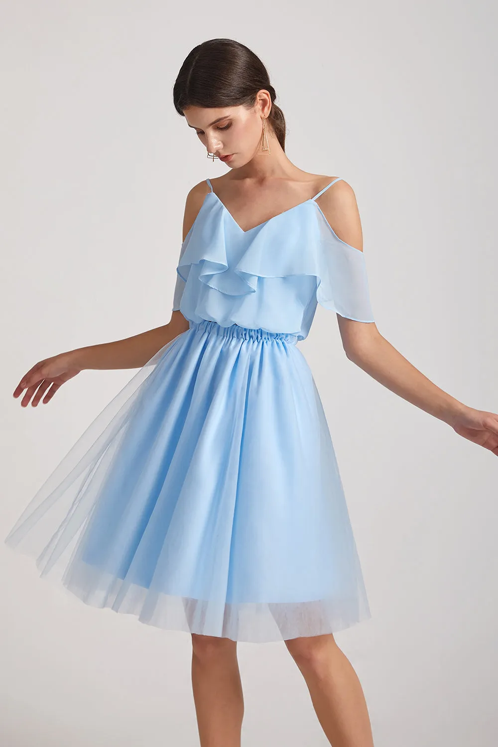 V-Neck Cold Shoulder Two Piece Short Chiffon Tulle Bridesmaid Dresses (AF0187)