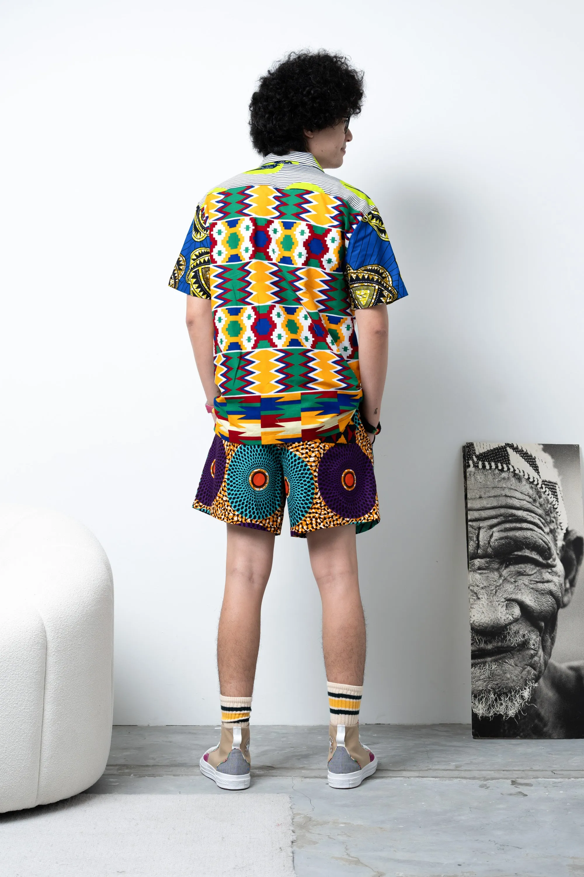 Zika Loose fit Bowling Collar Unisex Shirt - Mix Match Kente/Speedbird Green Red and Yellow African Ankara Wax Cotton Print